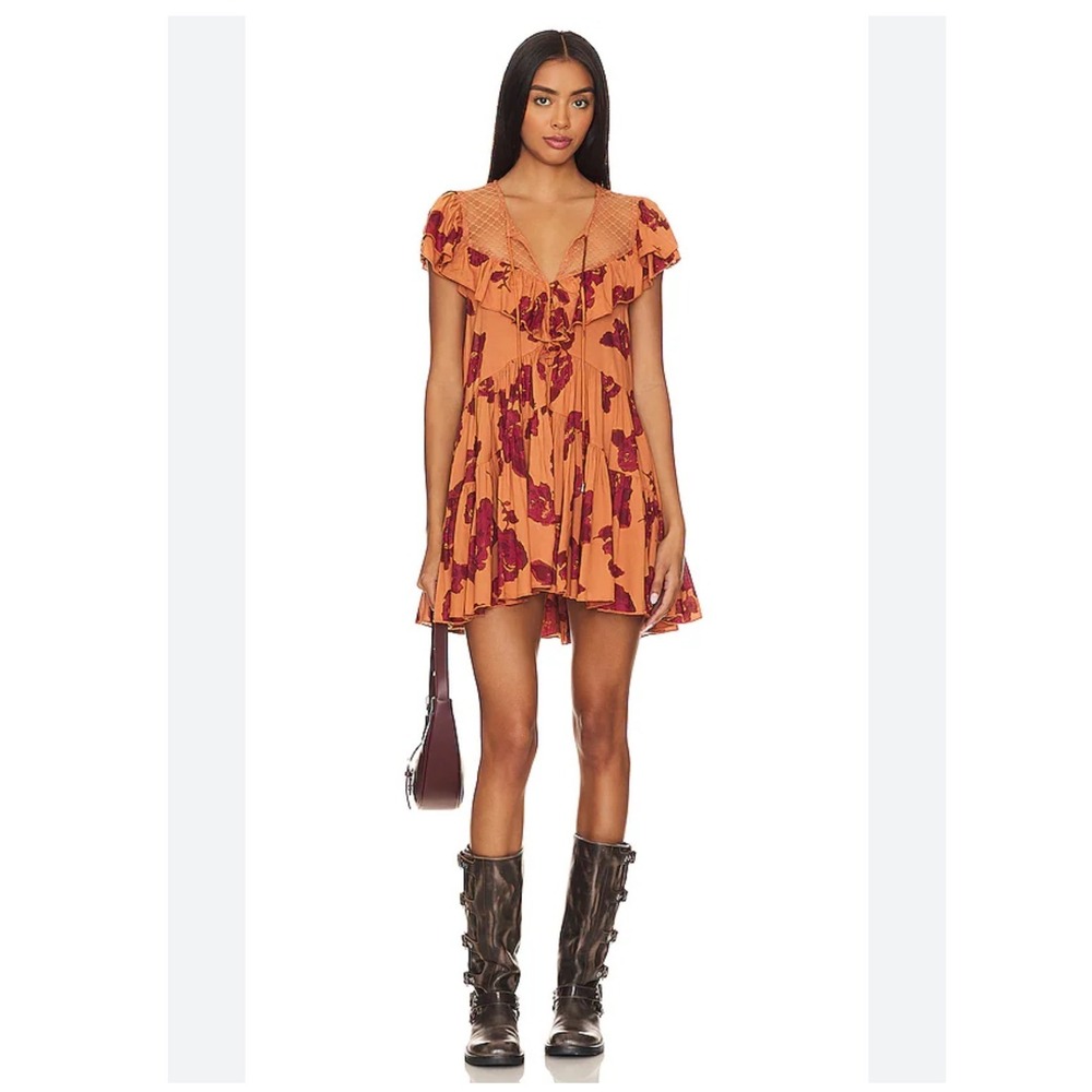 Free People Tilly Printed Tunic Dress‎ Medium Orange Floral Ruffle Boho Mini